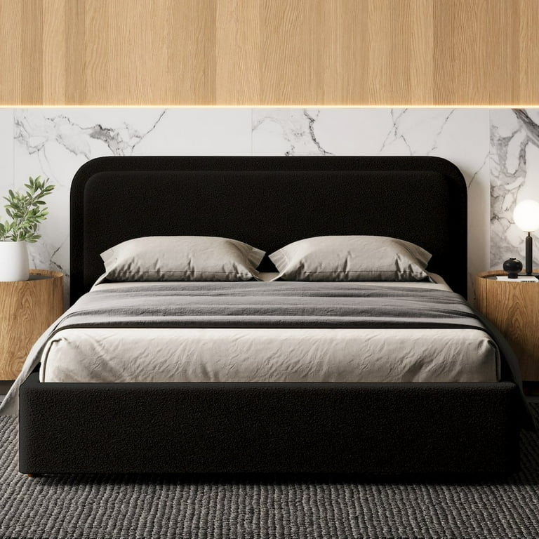 Omax Decor Queen Bed, Upholstered Platform, Black Boucle