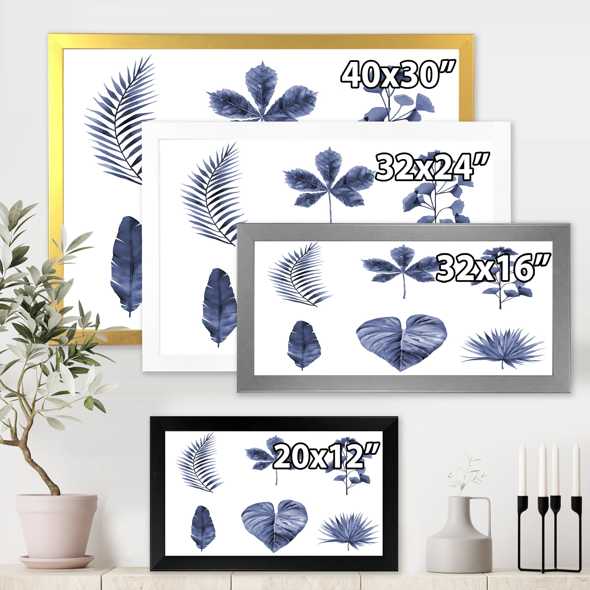 Designart 'Abstract Set Of Plant Leaves Blue' Traditional Framed Art Print