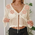 thumbnail image 2 of Tqyyweavej Bathing Suit Crochet Coverups for Women Hollow Out Print Tie Front Beach Cover Up Solid Color Long Sleeve Loose Swimsuit Cover Up, 2 of 7
