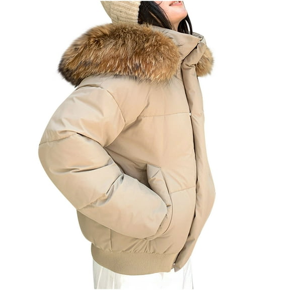 Hvyesh Puffer Jackets for Women Faux Fur Hooded Jackets Winter Zip Up Cropped Coat Jacket Warm Quilted Short Coats with Pockets Khaki XL
