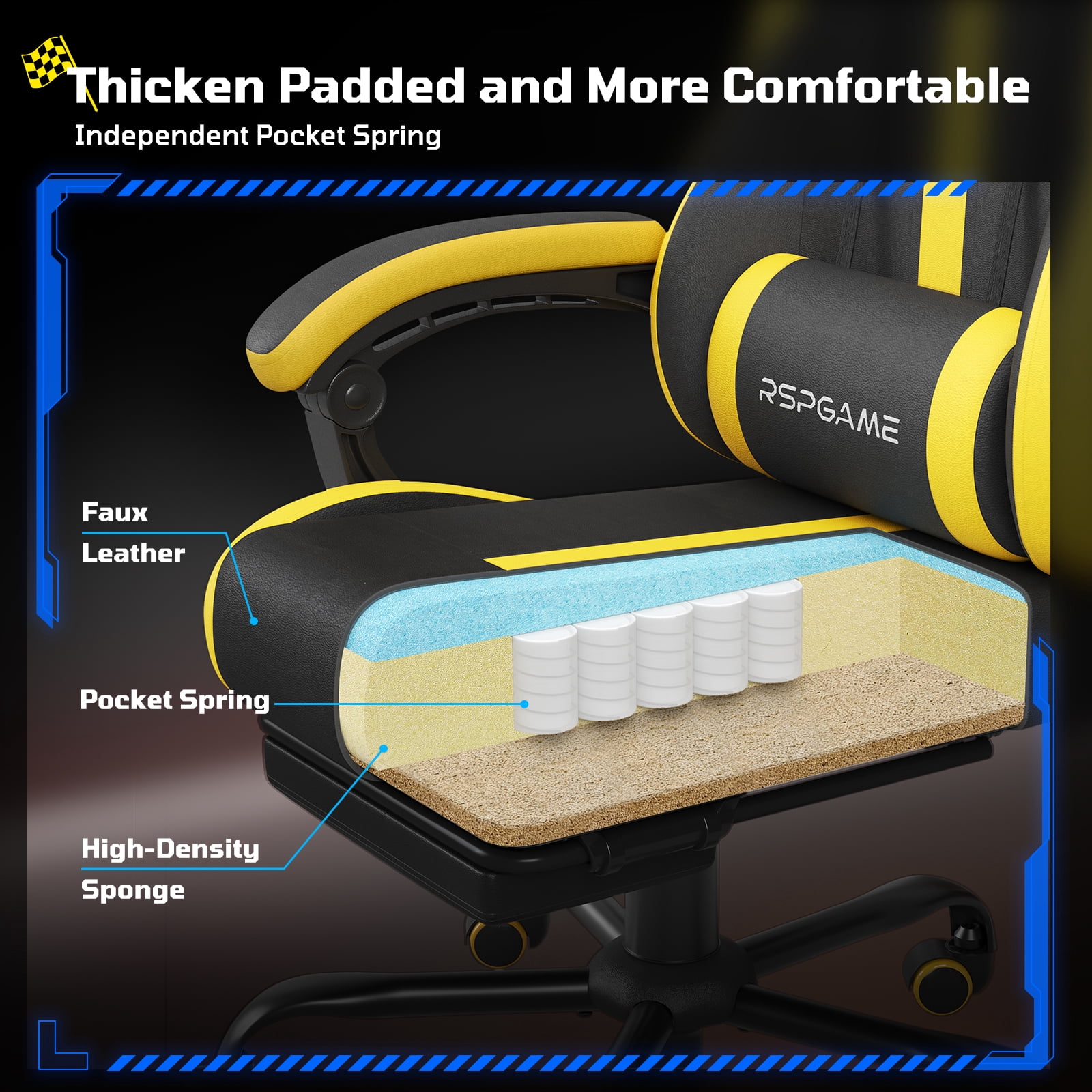 RSPGame Ergonomic Gaming Chairs for Adults,Pocket Spring Cushion,PU Leather Office Chairs with Lumbar Support and Retractable Footrest,Home and Office Computer Chairs-Yellow Racing