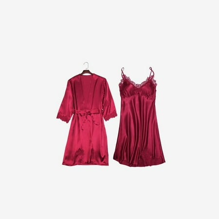 

QWZNDZGR Satin Sexy Robe sets Women Sleepwear Solid color Sleep Tops Lace Kimono Bathrobe Female Homewear Femme Nightwear Night Dress