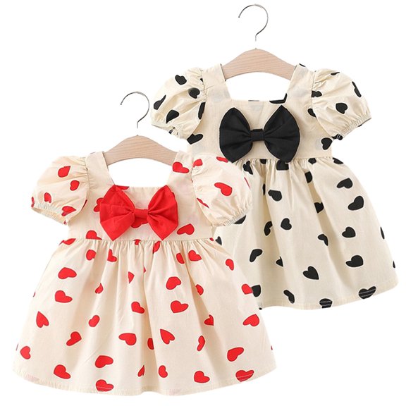 KYAIGUO Newborn Baby Girls Love Heart Dresses Summer Square Neck Short Sleeve Dress Casual Princess Sundress Skirt for 6M-3T