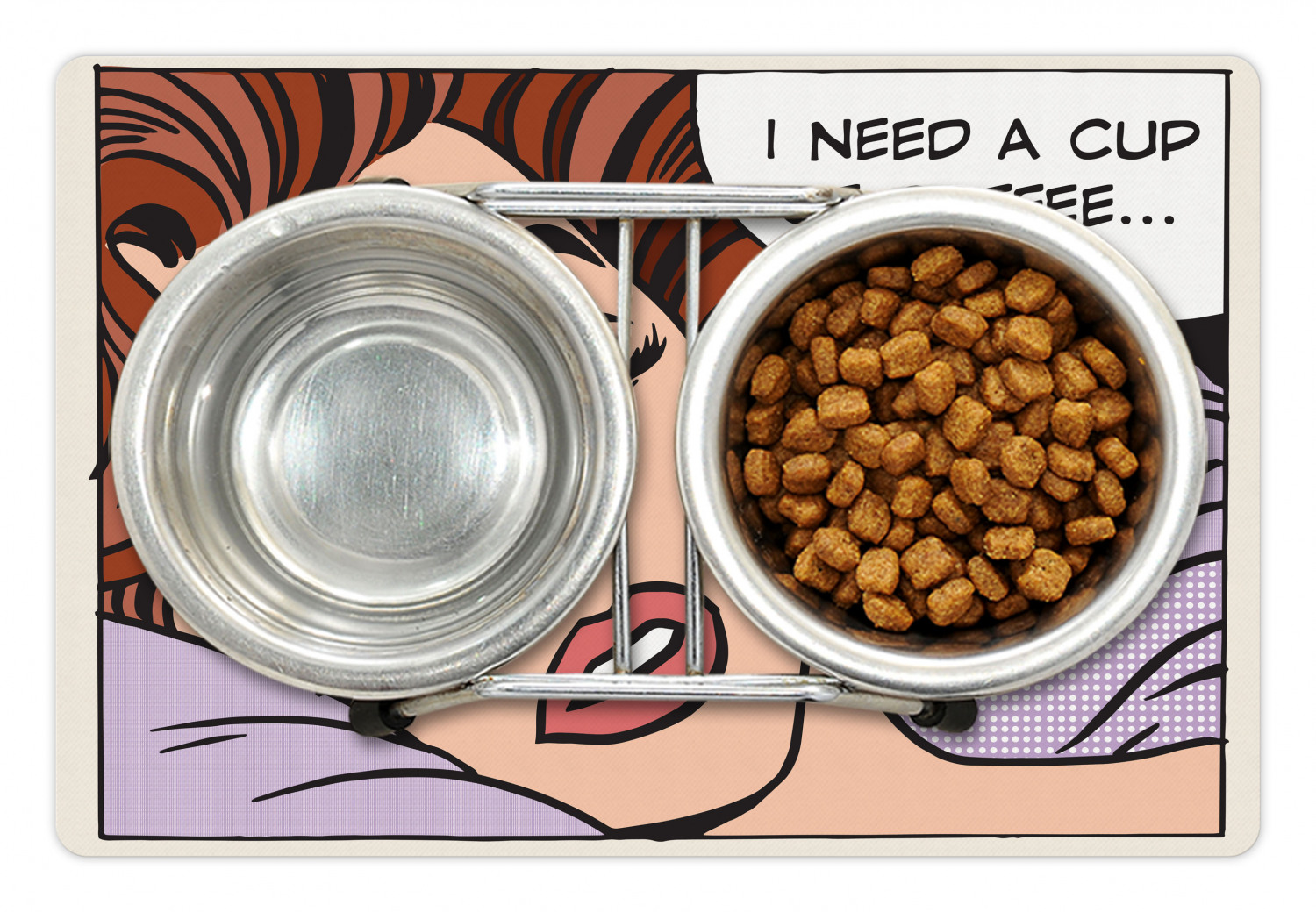 Retro Pet Mat for Food and Water, Pop Art Comic Book Style Beauty Sleep Girl Says I Need a Cup of Coffee Speech Bubble, Non-Slip Rubber Mat for Dogs and Cats, 18" X 12", by Ambesonne - image 1 of 1