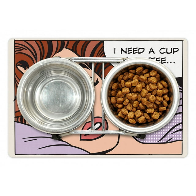 Retro Pet Mat for Food and Water, Pop Art Comic Book Style Beauty Sleep Girl Says I Need a Cup of Coffee Speech Bubble, Non-Slip Rubber Mat for Dogs and Cats, 18" X 12", by Ambesonne