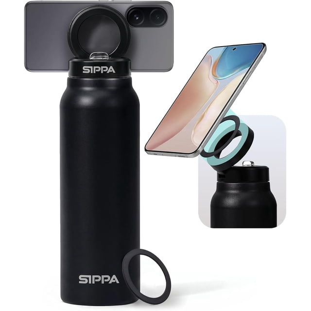 SIPPA 24 fl oz Stainless Steel Insulated Water Bottle with Straw & Handle for Adults – Leak Proof Magnetic Phone Holder, Black