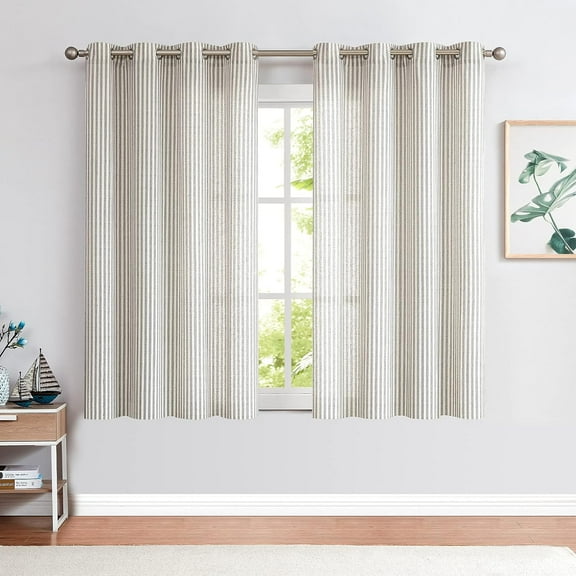 Gray Striped Curtains Length for Living Room/Bedroom Farmhouse Pinstripe Pattern Curtains Light Filtering Drapes Grommet Window Treatments, Grey on Beige 26"W x 45"L (Pack of 2)