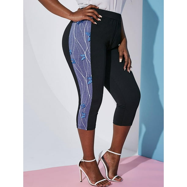 Malla lateral de mariposa apliques más tamaño capri leggings Rosegal Leggings de talla grande