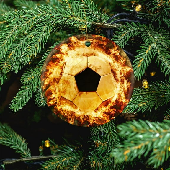 Ornament Fire Cool Soccer Ball Customized Round Ceramic Ornament Soccer Ball Football Design Holiday Ornament for Home Christmas Tree Decor Gifts for Women Men On Christmas