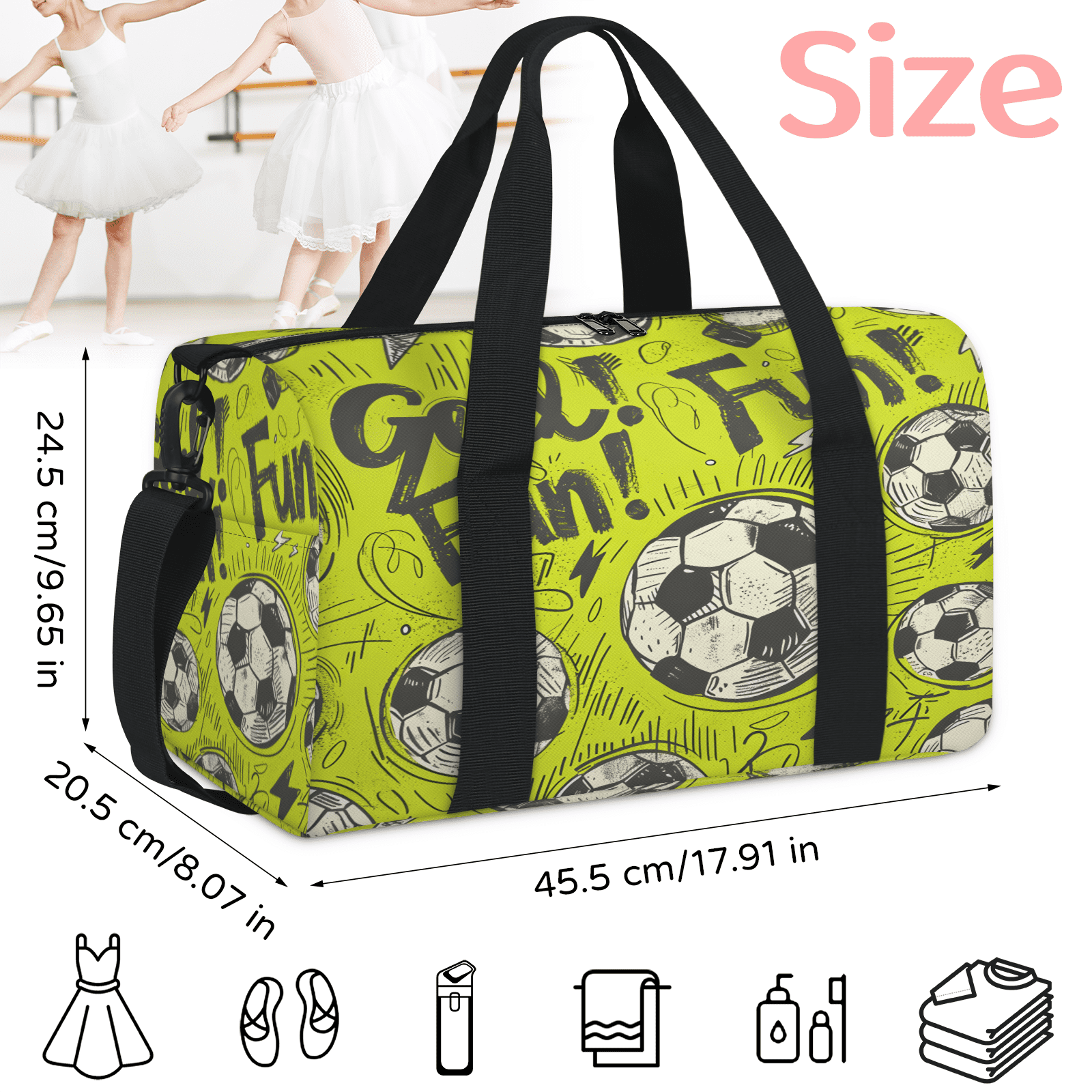 Herdesigns Soccer Gym Bag for Women, Duffle Bag for Travel Sport, Football Sports Theme Lightweight Waterproof Carry on Weekender Dance Yoga Workout Bags