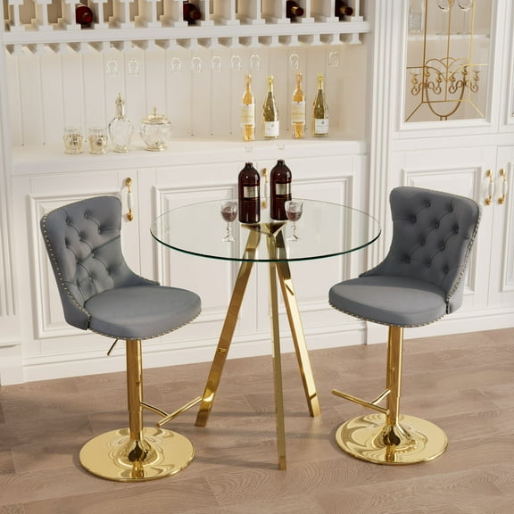 KATBOC Golden Swivel Velvet Bar Stools Set of 2, Adjustable Seat Height 25-33in, Tufted Back Upholstered Stools for Kitchen Island, Home Pub, Gray