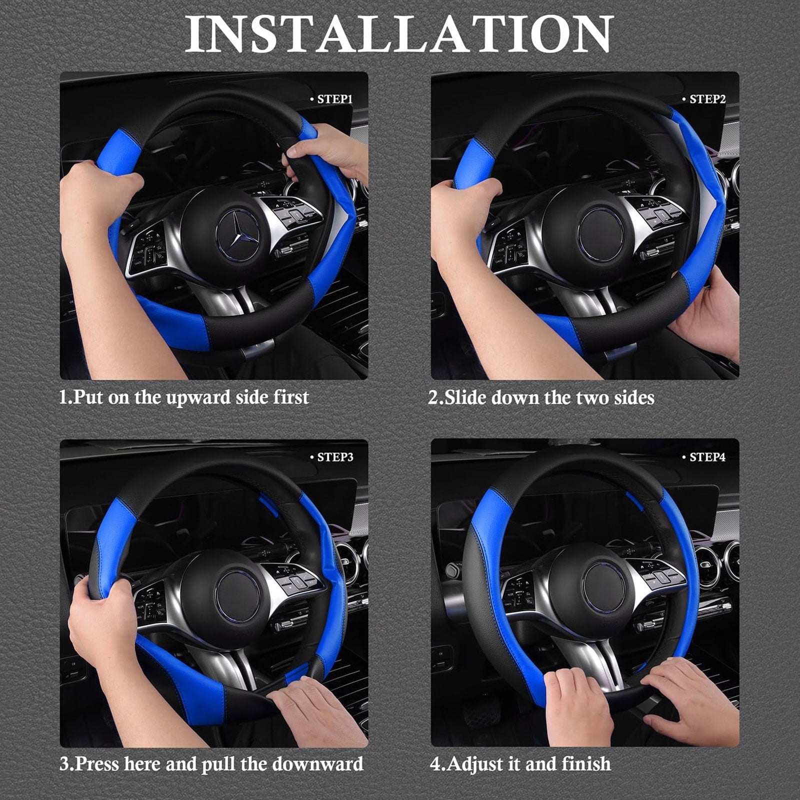 CAR GRAND Faux Leather Car Steering Wheel Cover Combo Pack Car Floor Mats, Universal Fit Waterproof Anti-slip Carpet 14.5-15 Inches Blue & Black