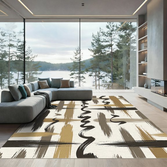 ODIKA 4' x 6' Machine Washable Non-Slip Area Rug, abstract geometric High Traffic Rug, Beige, 1240339