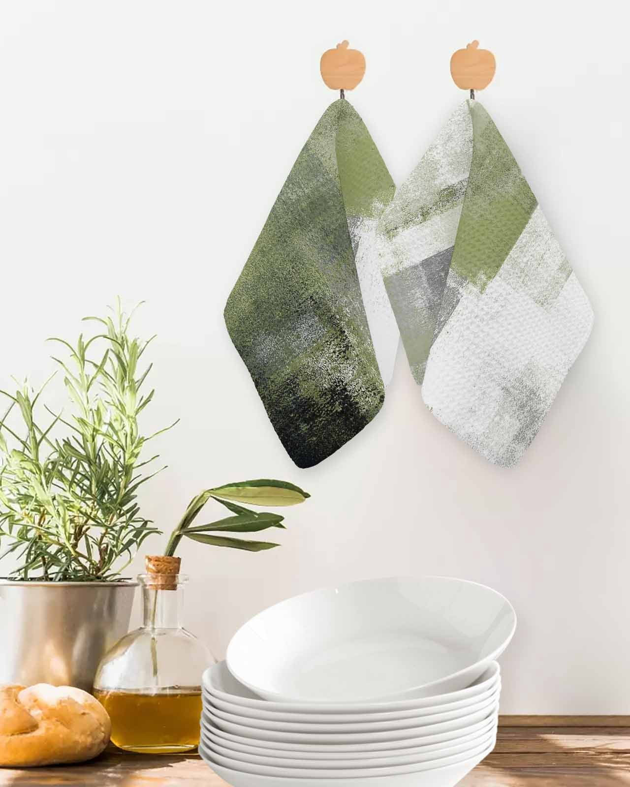 Sage Green Ombre Kitchen Dish Towels for Drying Dishes Set of 3, Vintage Shabby Abstract Plaid Art Waffle Weave Microfiber Terry Hand Tea Bathroom Towels Quick Dry & Absorbent Towel 12x12