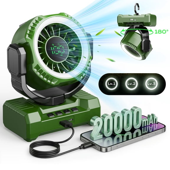 Fimilo 20000mAh Camping Fan with Light, Portable Fan Rechargeable with Hook, 100 Speeds, Remote, Timer, 180° Oscillation, Battery Powered for Outdoor Tent Beach Travel