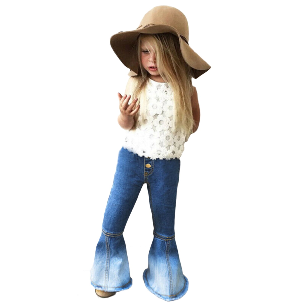 ICECTR Toddler Baby Girls Kid Mom Ruffled Denim Flared Pants Wide Leg Ripped Jeans High Waist Bell Bottoms Casual Outfits