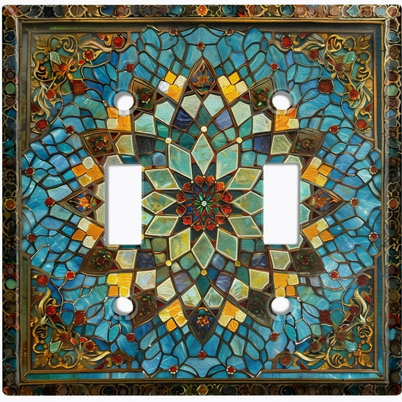 Metal Light Switch Wall Plate Outlet Cover (Printed Image of Stained Glass Flower - Double Toggle)