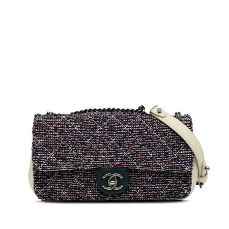 Pre-Owned Authenticated Chanel Small Classic Flap Bag Tweed Fabric Blue Crossbody Bag Unisex (Good)