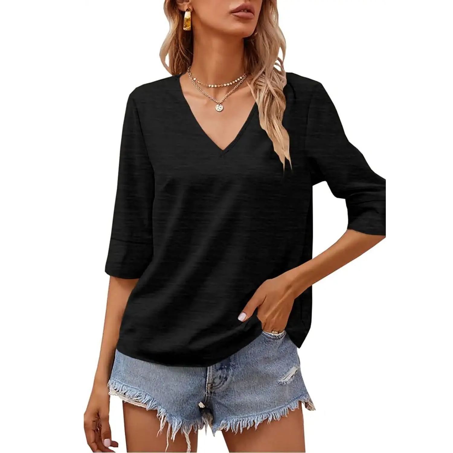 Veatzaer Women's Top VNeck Half Sleeve TShirt Solid Color Casual Basic Summer Shirt