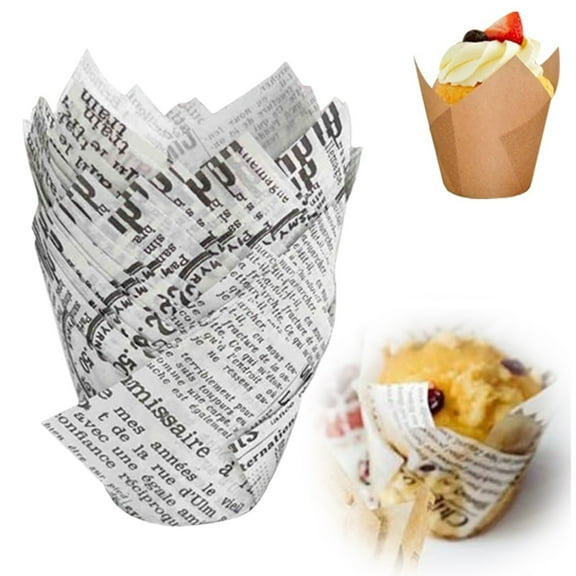 50Pcs Newspaper Tulip Cupcake Liners, Muffin Tins Liners, Medium Size Heat and Oil Paper Cups, Natural Wood Pulp, Greaseproof, Waterproof, Non-Toxic - Ideal for Multiple Occasions