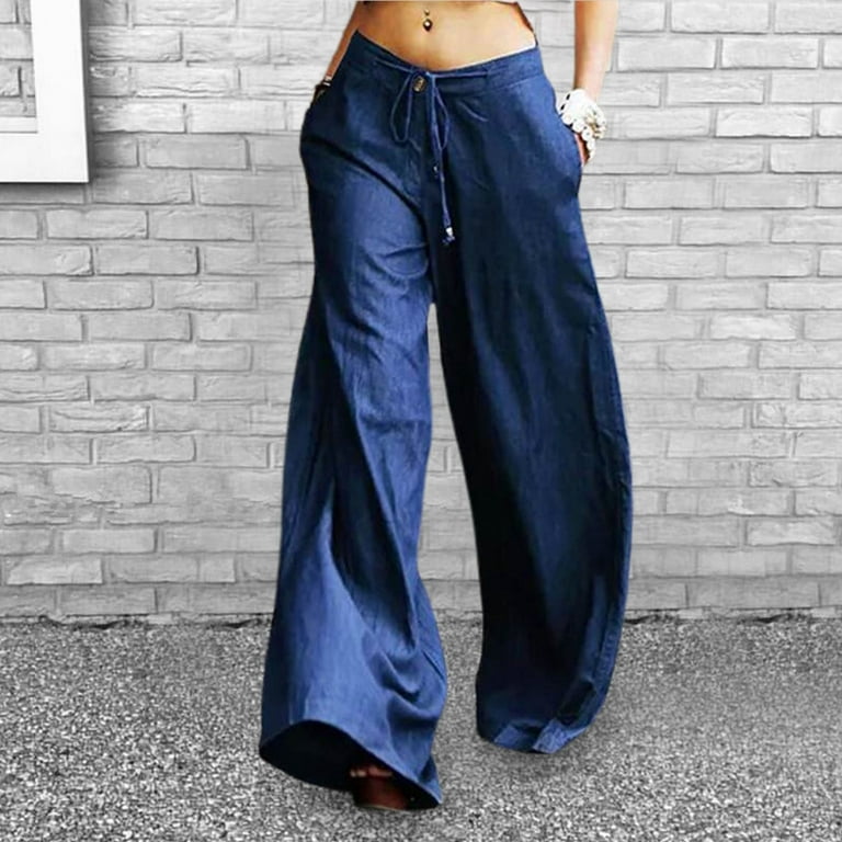 YAWOTS Women Solid Color Wide Leg Jeans High Waist Casual Button Zip Pants  with Elastic Band Pockets,A547,Large,Blue at  Women's Jeans store