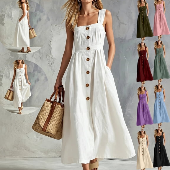 Gamivast Dresses for Women Linen Sleeveless Square Neck Button Front Maxi Dress with Pockets Casual A-Line Sundress Summer Vacation Beach Dress White XL