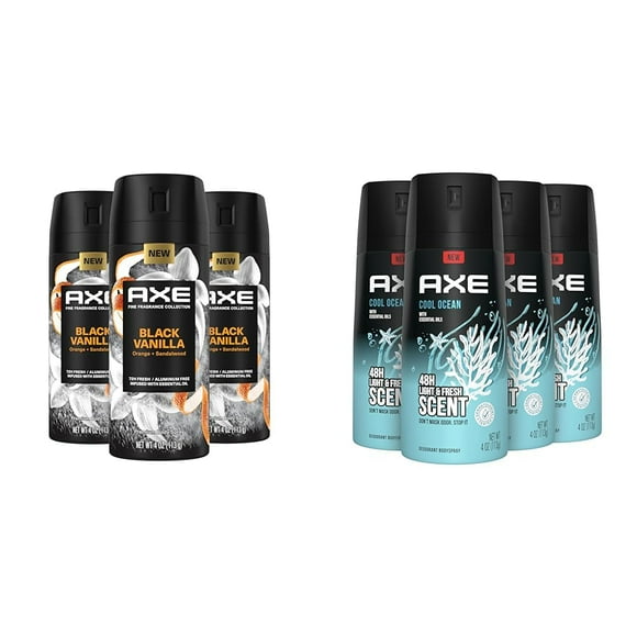 Axe Vaporisateur Corporel Premium Vanille Noire Orange Bois de Santal 3 Unités + Axe Déodorant Double Action Océan Frais Lot de 4