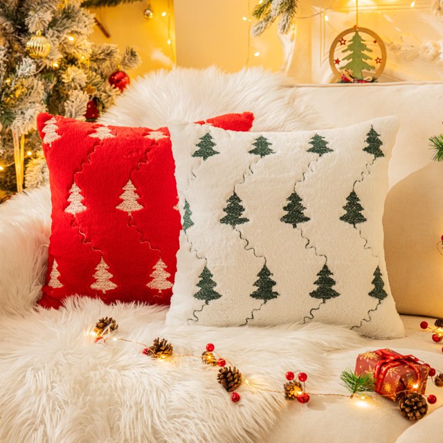Christmas Tree Embroidered Throw Pillows Set of 2 Packs, Winter Soft Fluffy Christmas Decorative Throw Pillow Covers Decor for Home Sofa Couch Bed Room