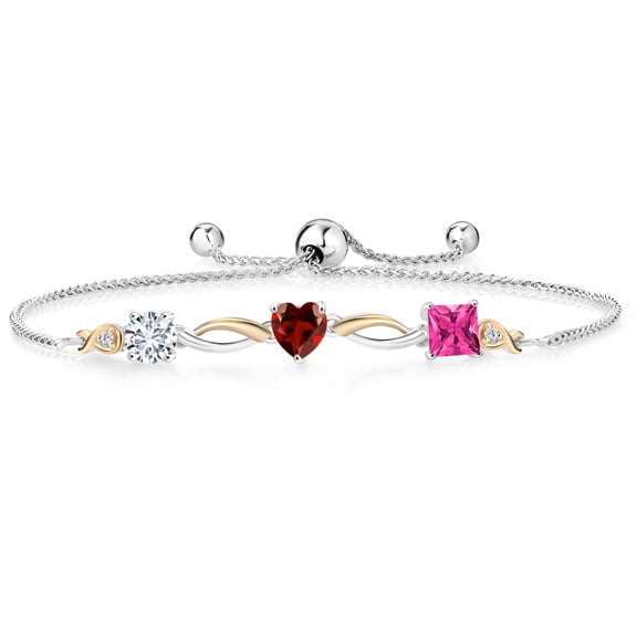 Gem Stone King 925 Silver and 10K Yellow Gold Red Garnet Pink Mystic Topaz and Lab Grown Diamond Tennis Bracelet for Women By Keren Hanan (2.30 cttw, Adjustable up To 9 inch)