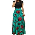 thumbnail image 1 of ORQ Women Floral Print Color Matching Short Sleeve Large Swing Long Dress, 1 of 2
