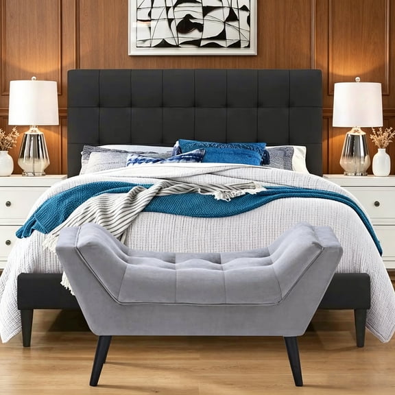 Velvet Tufted Ottoman Bed Bench for Bedroom End of Bed Bench, Upholstered Small Entryway Bench, Modern Storage Footstool Bench with Wooden Legs, Light Gray