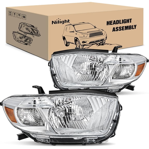 Nilight Headlights Assembly for Toyota Highlander 2008 2009 2010 Headlamp Chrome Housing Amber Reflector