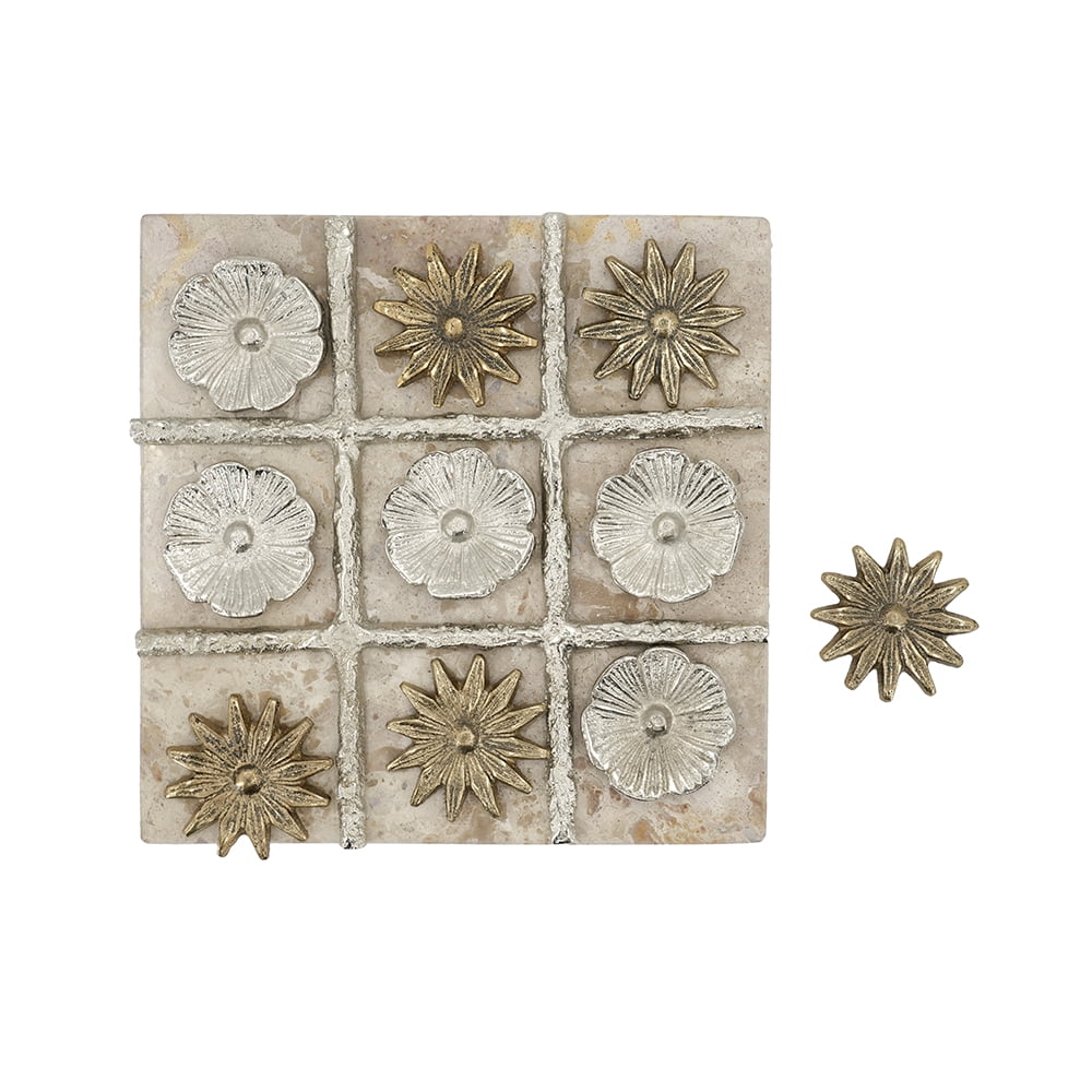 9x9" Floral TIC TAC TOE Game Set with Marble Base and Gold and Silver Finish, Luxury Coffee Table Decor Accent, Modern Glam Stone Game Set for Home or Office