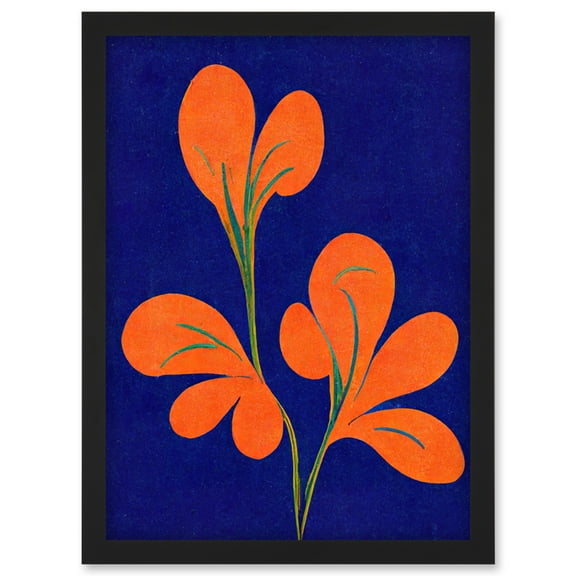 Henri Matisse Inspired Bright Abstract Orange Flower Blooms On Royal Blue Artwork Framed Wall Art Print A4