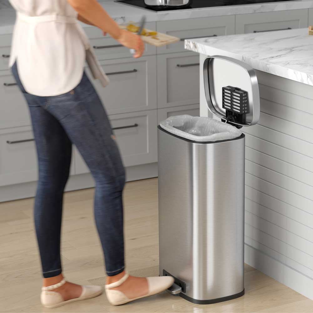 iTouchless SoftStep Stainless Steel Rectangular Step Pedal Trash Can with AbsorbX Odor Control