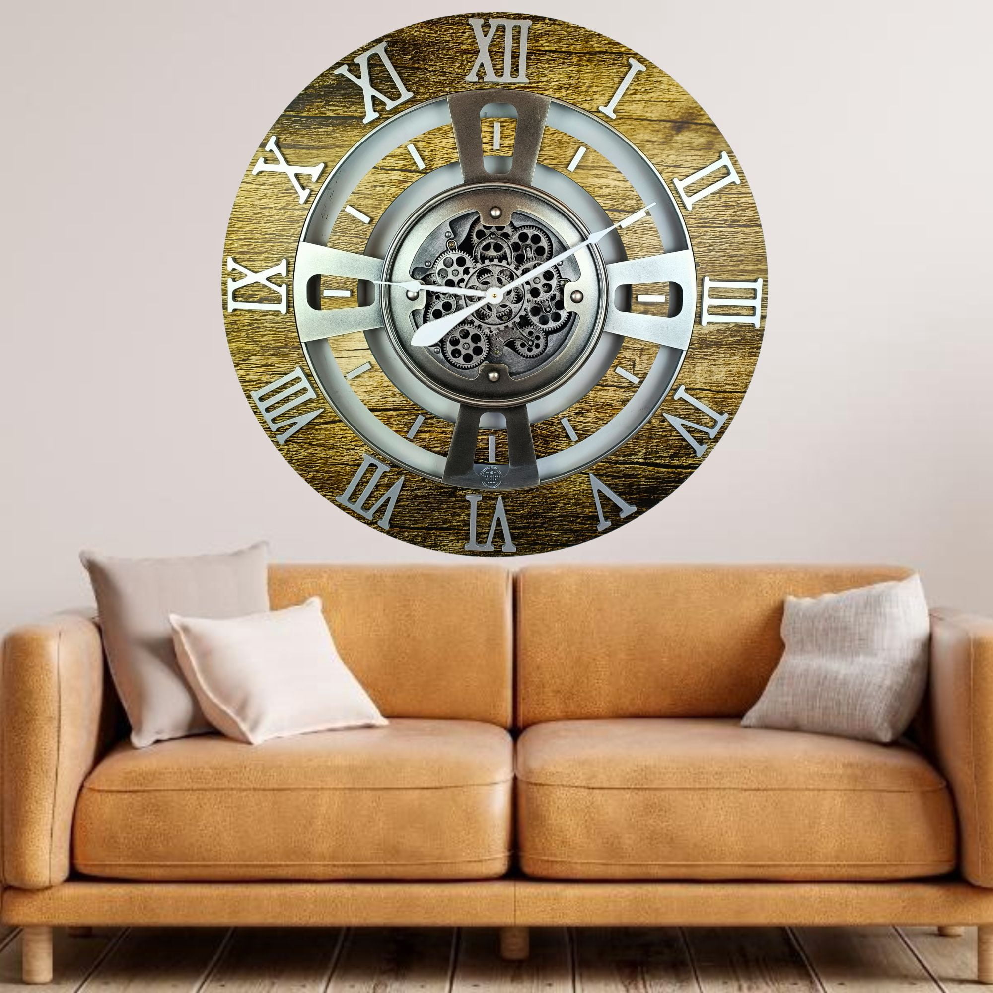 THE GEARS CLOCK Wall Clock with Real Moving Gears EN-LI_ 24 in Round Gold-Antique