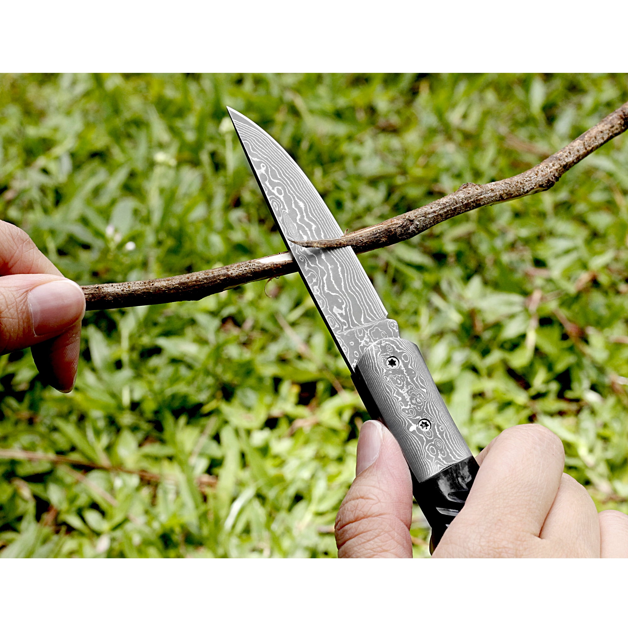 YOUSUNLONG Folding Knife - Camping Knife Overall 175mm Japanese Damascus Steel Buffalo Horn Handle