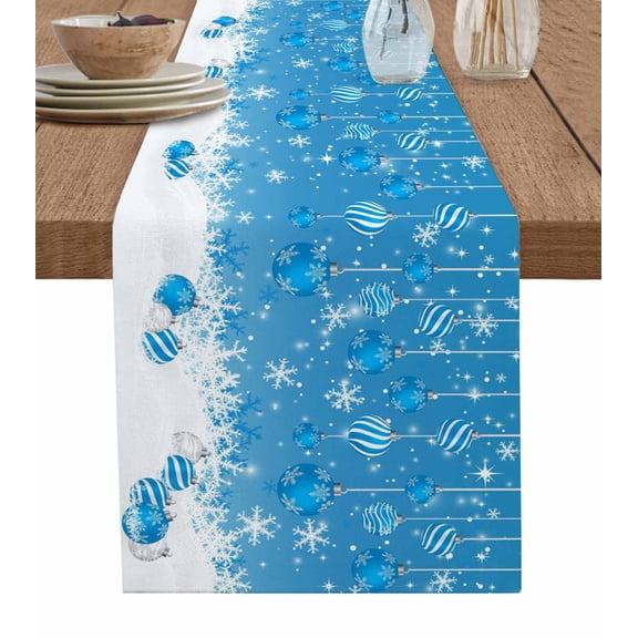 Blue Christmas Table Runner 72 Inches, Xmas Balls Winter Snowflake Modern Art Bed Runner Dresser Scarves Tabletop for Indoor Outdoor Parties/Ceremony/Banquet, 16" x 72"