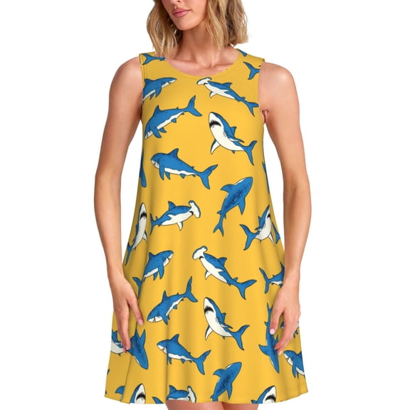 Honeii Shark Print Print Women's Sleeveless Dress, Loose Fit Casual Dress for Women, Summer Fashion Dress