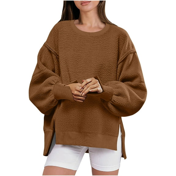 successthop Womens Sweatshirts Side Slit Fleece Crewneck Long Sleeve Sweaters Pullover Tops Solid Fall Winter Streetwear