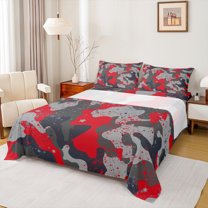 Homewish Vintage Camouflage Queen Sheet Sets,Watercolor Splatter Ink Flat Sheet,Red Gray Queen Fitted Sheet For Boys Teens,Ultra Soft Home Decor,4-Piece