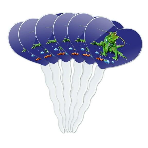 Rainforest Iguana and Caterpillar Heart Love Cupcake Picks Toppers Decoration Set of 6