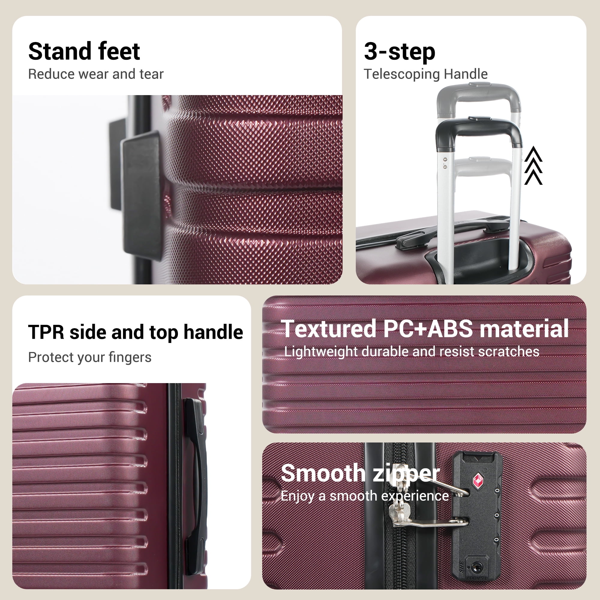 Travelhouse 5-Piece Hardside Luggage Set Spinner Lightweight Suitcase with TSA Lock & Duffel Bag,Wine Red