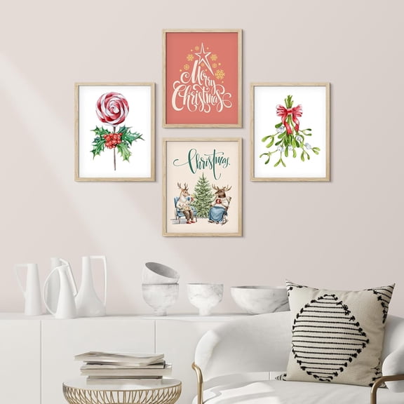 PixonSign Framed Wall Art Merry Christmas Candy Cane, Deers, Tree Celebrations Prints, Set of 4 Cartoon Winter Holiday Wall Décor, Adhesive Canvas Posters, Modern Home Artwork - 11"x14" Natural