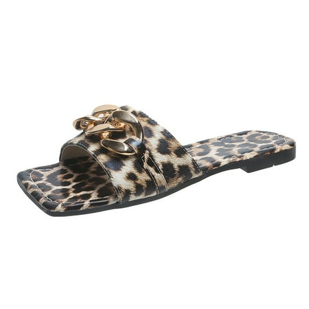 

VKEKIEO Women s Casual Vacation Open Toe Decorative Buckle Leopard Print Flat Beach Sandals