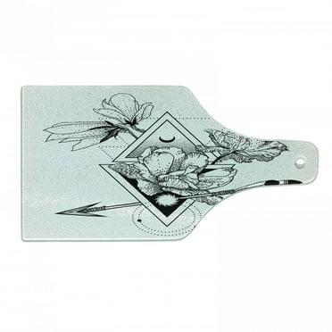 Alchemy Cutting Board, Mystic of Flowers Triangles and Boho Arrows with Modern Influences, Decorative Tempered Glass Cutting and Serving Board, in 3 Sizes, by Ambesonne