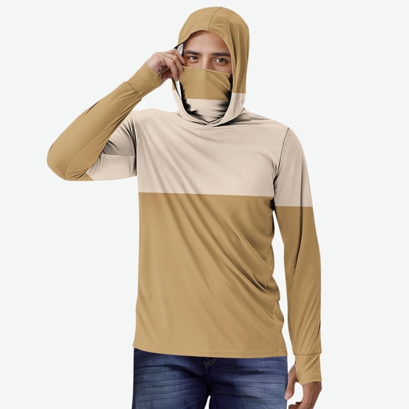 UQJfacai Mens Sun Protection Hoodie with Mask UPF 50  UV Long Sleeve Shirt Color Block Rash Guard Fishing Hiking Shirts S-5XL