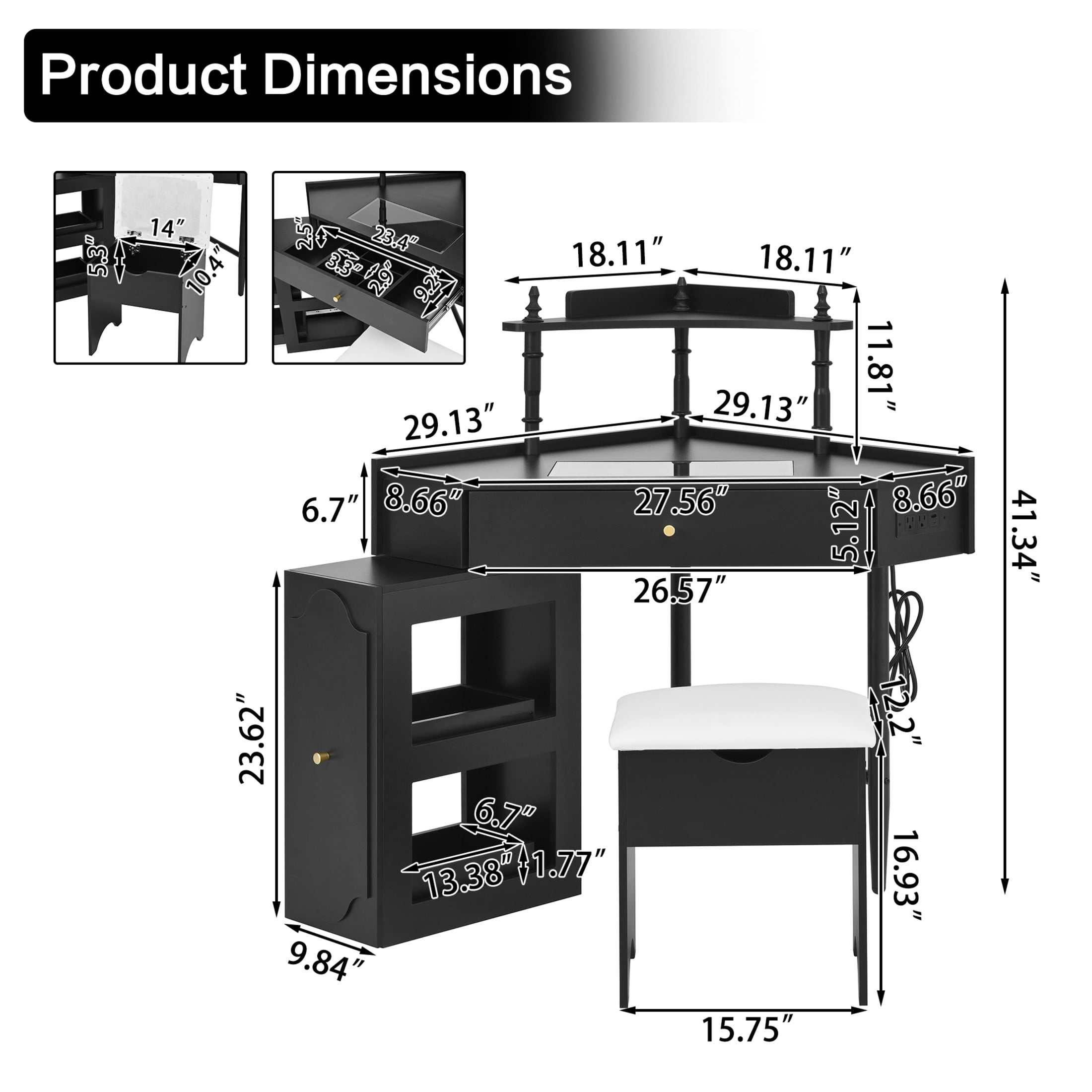 Noble House Corner Vanity Desk Set with Charging Station, Makeup Table and Storage Stool, Black