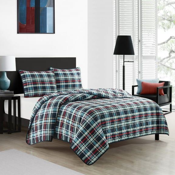 Dearfoams 3-Piece Blue, Red and Gray Plaid Quilt Set for Teens Adults Seniors, Full/Queen