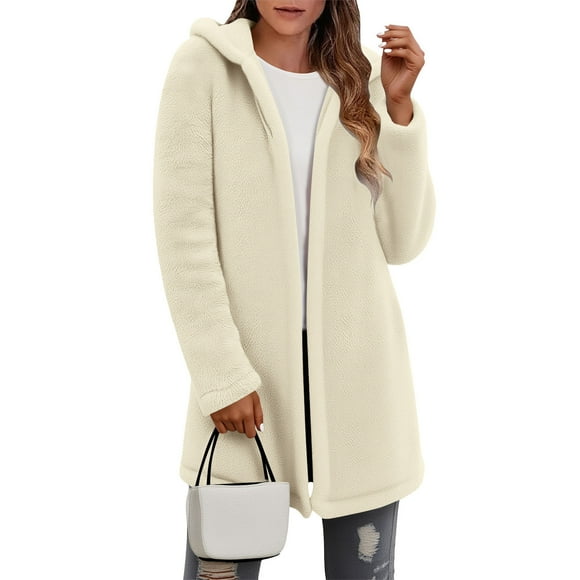 UPPADA Womens Fuzzy Fleece Jacket Button Down Sherpa Coats Casual Winter Warm Outwear with Pockets Beige,L Plus Size Short Trench Coats Winter Savings